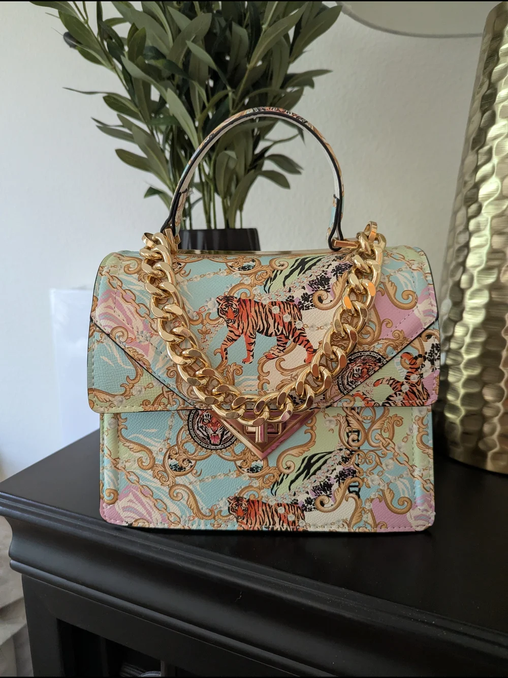 Pastel Tiger Print Top-Handle Bag with Gold Chain